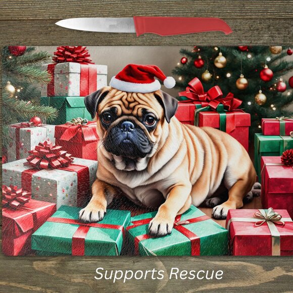 Christmas Fawn Pug Kitchen Tempered Glass Cutting Board or Trivet - Picture 1 of 1